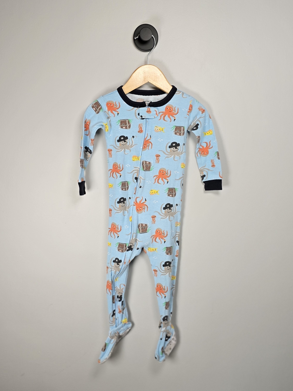 Carter's Light Blue Footed One-Piece with Orange Octopus & Black Trim